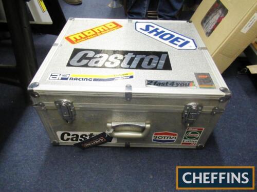 Aluminium packing case with motorsport stickers, ex motor racing timing equipment, 21x19x11ins