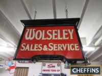 Wolseley Sales & Service, double sided, illuminating hanging showroom sign, wood and metal frame, glass panels, 29x31ins