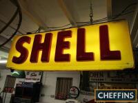 Shell, double sided formed Perspex illuminating forecourt hanging sign in yellow and red, ex-French garage, 52x18ins