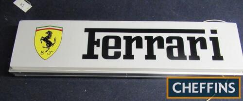 Ferrari double sided hanging, illuminated sign, original casing, recreated panels for Colonel Ronnie Hoare stand Goodwood Revival, 48x12ins