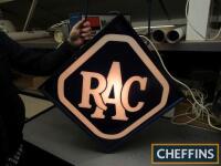 RAC, a double sided, hanging, illuminated diamond form sign, 29x29ins