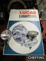 Lucas Lighting pictorial card advert, together with the 2 lamps depicted