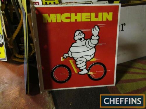 Michelin Cycle Tyres, double sided flanged printed tin illustrated sign, 18x19ins