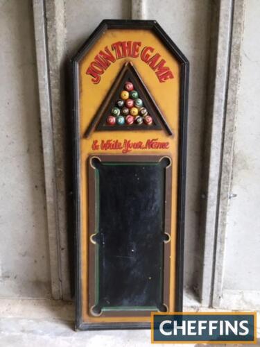 Join The Game, a pool hall hanging chalkboard in vintage style, 1100x400mm