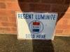 Regent Luminite Sold Here, an enamel sign depicting a petrol pump box globe