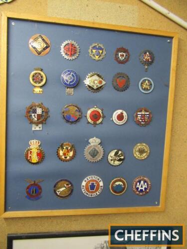 Display board of 25 motor car enamel badges, Continental and USA types