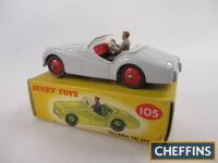 Dinky No. 105 Triumph TR2 Sports, grey, driver, red interior, ridged hubs, near mint, with creased colour spot box