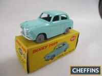 Dinky No. 160 Austin A30 Saloon, turquoise, grey ridged plastic wheels, near mint with good colour spot box