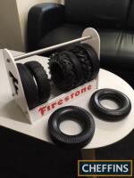 Collection of 8 miniature Firestone Ashtray tyres in display stand t/w 6 ashtray glasses