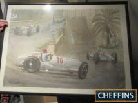 Monaco 1937 framed and glazed lithograph depicting Brauchitsch in action in the Mercedes, Roy Nockolds, 37x27ins