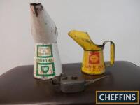 BP Energol quart oil jug, Shell pint oil jug and vintage oil can