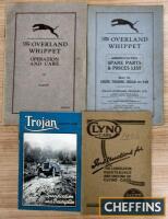Overland Whippet Model 96 operation manual, spare parts and price list, together with Trojan car brochure and 1926 Clyno Cars instructions (4)