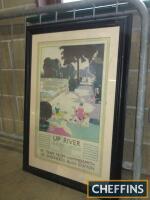 Up River, an original 1928 silk screen poster by George Sheringham for the tram companies depicting an idyllic Thames-side scene, framed and glazed 40x28ins