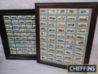 Two sets of 50 cigarette cards on car themes, both framed and glazed 21x24ins