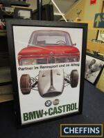 BMW & Castrol, framed and glazed posters, 36x26ins