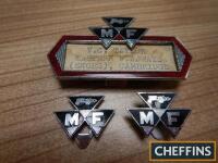 Massey Ferguson enamel name badge, together with 2no. enamel button hole badges