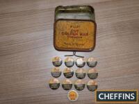 12no. Smith's Batteries badges, together with 1no. Shell badge and Will's Cut Golden Bar tobacco tin