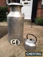 Aluminium milk churn c/w lid t/w aluminium teapot and aluminium GB vehicle plate