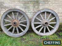 Pair of heavy duty steam wagon type wooden wheels with steel bands, 43ins dia'