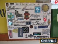 Car bonnet scripts and badges, a board mounted collection