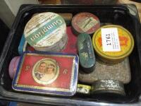 Named vintage tins, together with spark plug in tin