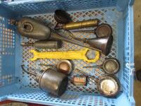 Collection of oiling cans, grease gun and a spanner