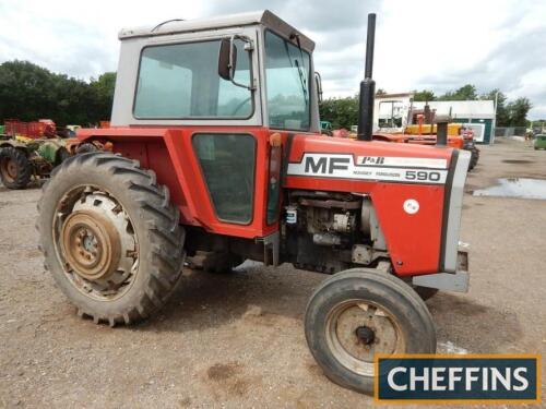 1979 MASSEY FERGUSON 590 4cyl diesel TRACTORReg. No. KTL 922VSerial No. Z232024Reported to be a very original example complete with PUH, spool valve, PAVT rear wheels and Goodyear tyres all round. With an 8 speed gearbox and stated to be running and drivi