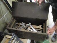 Wooden toolbox c/w vintage spanners