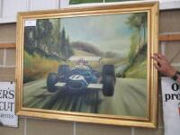 Jo Siffert, a large framed oil on canvas, depicting the Swiss F1 driver in action