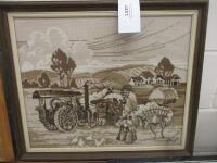 Framed embroidery of steam threshing scene
