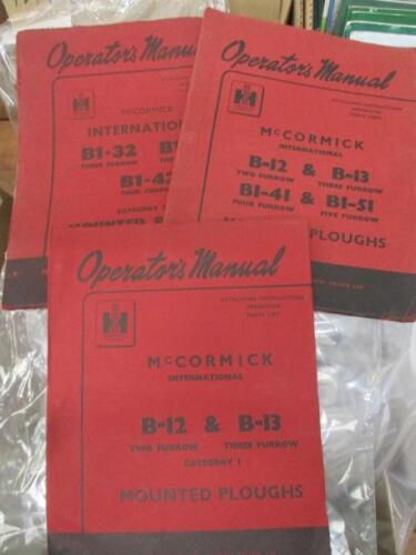 3no. International Harvester operators' manuals for B-12 and B-13 ploughs, B1-32, B1-34, B-142 ploughs and B1-41 and B1-51 ploughs