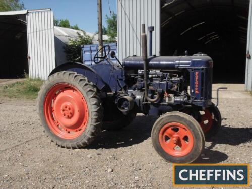 FORDSON E27N 4cylinder petrol/paraffin TRACTOR Fitted with swinging drawbar and underseat tool box on narrow closed pattern rear wheels and tyres
