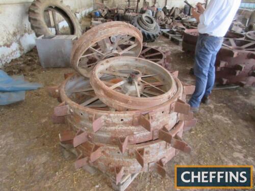 Set of 4 steel tractor wheels, rear wheels fitted with spade lugs to fit Allis Chalmers Model U tractor