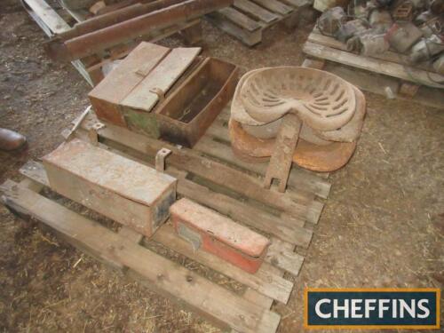 3no. Fordson toolboxes, 2 toolboxes, Albion cast iron seats and 4 various metal tractor seats