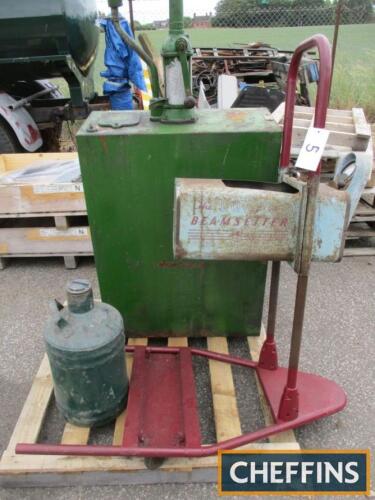 Alexander Duckham oil tank with rotary hand pump c/w original brass nameplate, Lucas beam-setter and a 5gallon cylindrical oil can