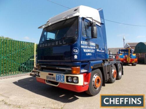 1987 Scammell Roadtrain Interstate 20-32 38tonne 6x2 tractor unit Reg. No. D708 RRN Chassis No. SBSM5A34RSLH71508 Fitted with a Cummins 320 14ltr 6cylinder diesel engine and twin steer. This Scammell has been in use with Kev until the last few years. With