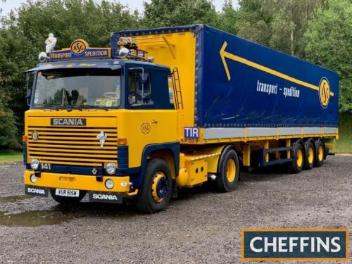 1981 Scania LB141 V8 4x2 Tractor unit and Tri axle Tilt Trailer. Reg no VUR 615W Chassis no 4220040 An impressive 10 speed LHD unit that has been totally re furbished, the yellow over blue cab is a twin sleeper unit with blue and cream leather upholstery