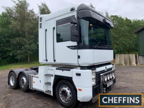 2000 Renault Magnum AE 430 6x2 mid lift tractor unit. Reg no V485 LVH Chassis no AOE0018038. Fitted with tipping gear and sliding fifth wheel, this Mack engine powered Magnum has been looked after to a very high standard by its previous owner. Offered for