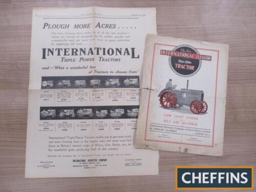 New International Junior Gear Drive Tractor sales leaflet, together with International Triple Power Tractors advert, Farmers Weekly 1934 (tears and losses)