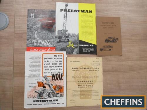 Qty plant and construcion sales leaflets etc, to include Priestman, together with Bedford commercial vehicle instruction manual and RAC vouchers