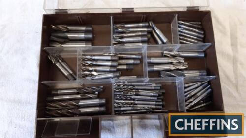 Milling machine cutters in box, 80 in total, 30no. 3/4ins to 1/16ins two flute cutters, 33no. 19/32ins to 3/32ins four flute cutters, 17no. 1/2ins to 1/8ins longer four flute cutters