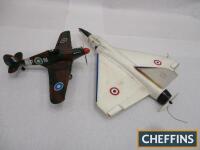 Tin plate Hurricane aircraft model, together with remote controlled electric Saab style aircraft (21ins)