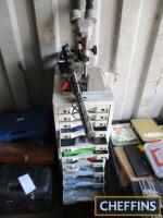 Aero modellers flight of 12 drawers and contents, together with Kyowa binocular, 10x microscope and inspection lamp (3)