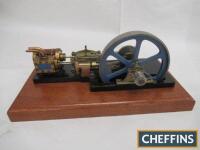 Scratch-built model of single cylinder horizontal mill steam engine with plank-clad cylinder mounted to a wooden base, motion moving freely (flywheel diameter 5.5ins, base 14x8ins)