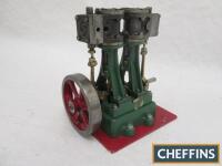 Stuart Turner D10 twin cylinder vertical steam engine model mounted to metal base, engine turns (flywheel diameter 3ins, base 5x5ins)