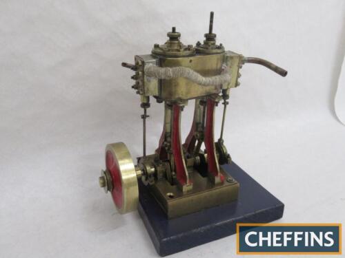 Scratch-built vertical compound model steam engine of brass and steel construction, a nice antique model, motion turning freely (flywheel diameter 3ins, base 6x6ins)