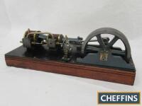 Scratch-built tandem compound horizontal mill engine with 2 ball governor mounted to wooden base. An uncommon model with free turning motion (flywheel diameter 6.5ins, base 20x6.5ins)