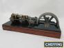 Scratch-built tandem compound horizontal mill engine with 2 ball governor mounted to wooden base. An uncommon model with free turning motion (flywheel diameter 6.5ins, base 20x6.5ins)