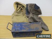 1941 ammunition box, large duffel coat and PVC jerkin medium