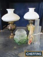 Two oil lamps, together with a qty of glass chimneys and shades (2 boxes)